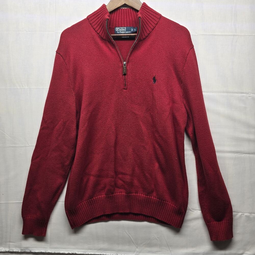 Polo Ralph Lauren Red Heavy Knitted 1/4 Zip Casual Classic‎ Sweater Mens Size L